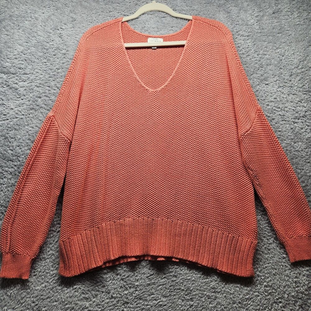 Lucky Brand Womens Orange Crochet Knit Sweater Size XL Dolman Sleeve V-Neck